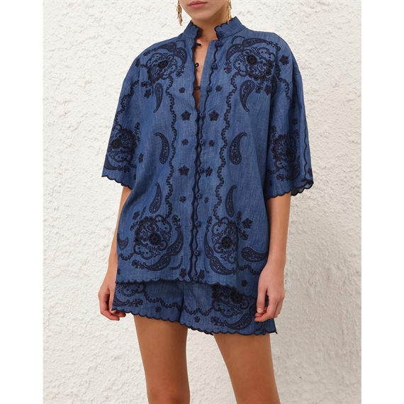 Zimmermann Aster Embroidered Denim Skjorte, Railway Blue